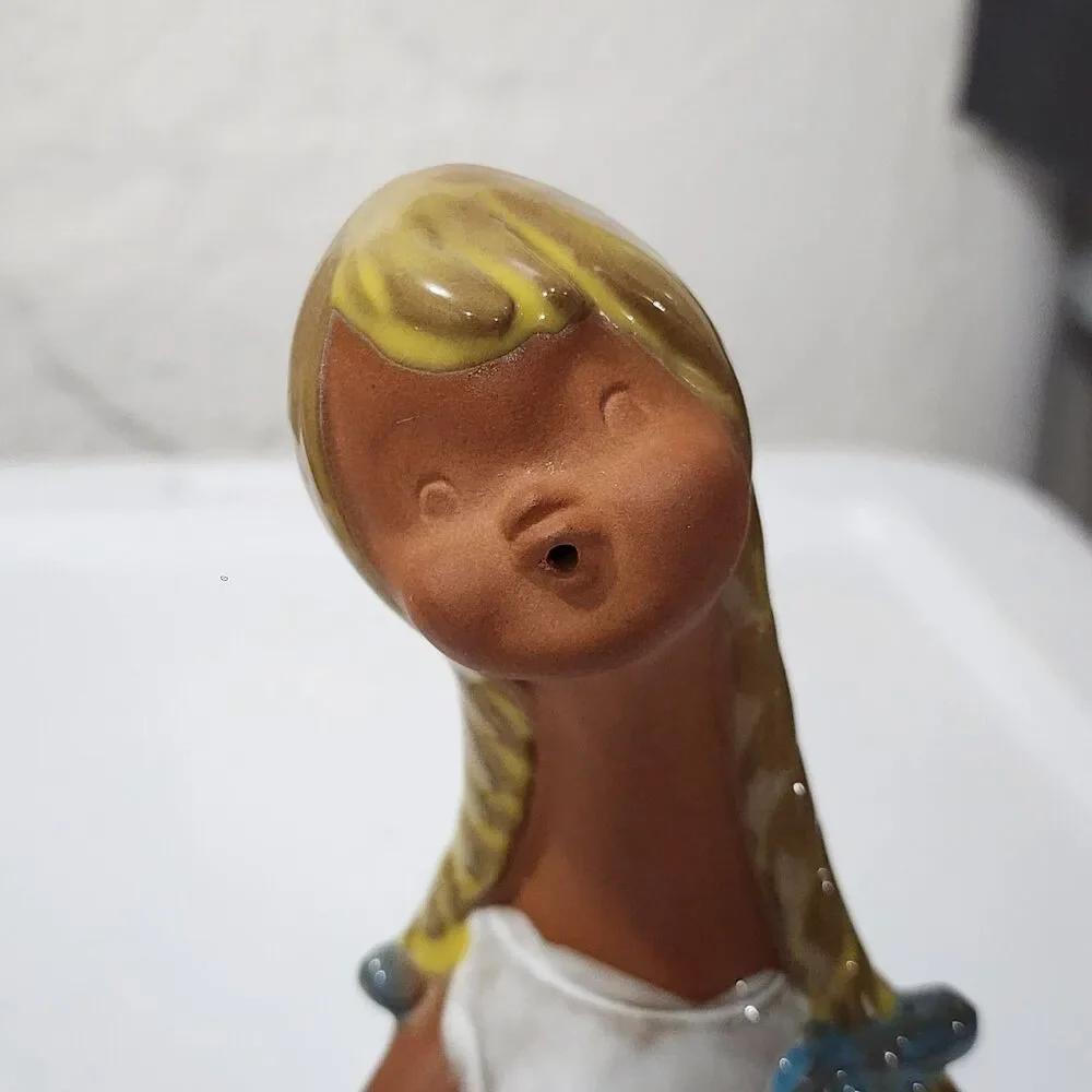 VTG MCM Art Pottery Stoneware Whistling Girl Head Vase Planter Clay Japan Style